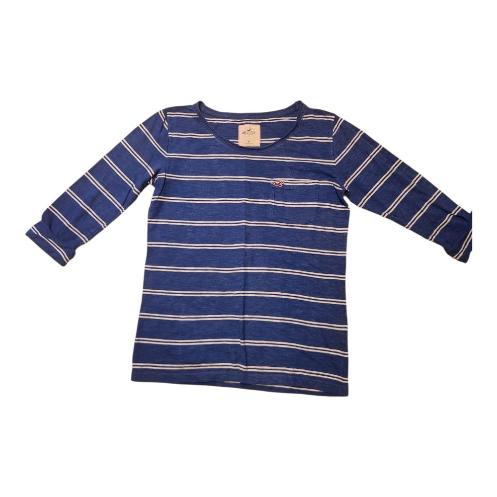 Women's Vintage Hollister 3/4 Sleeve Tee M Blue White Striped Relaxed Casual Fit